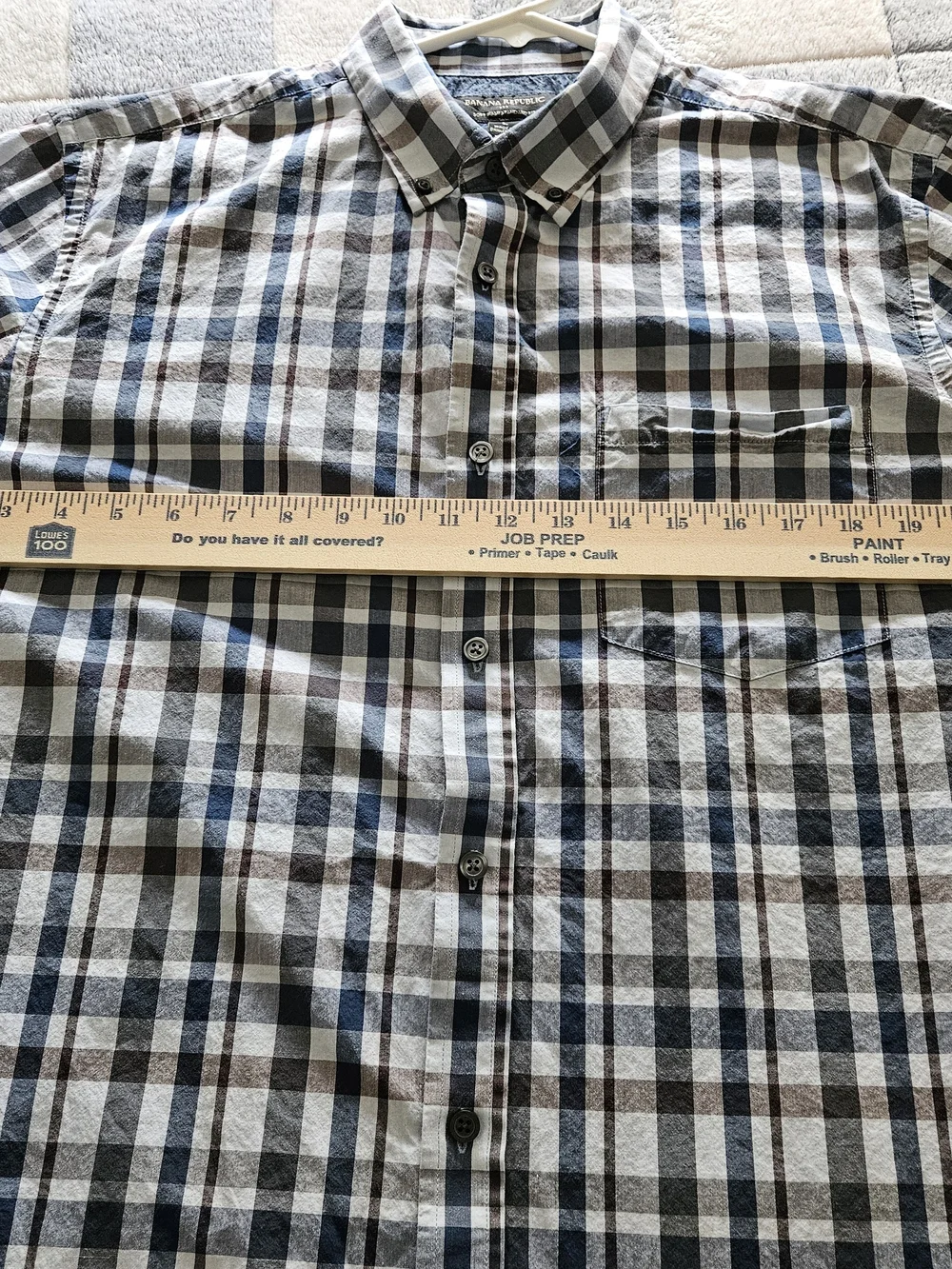 Banana Republic Short-Sleeve Plaid Button-Down Shirt in Navy, White, and Tan